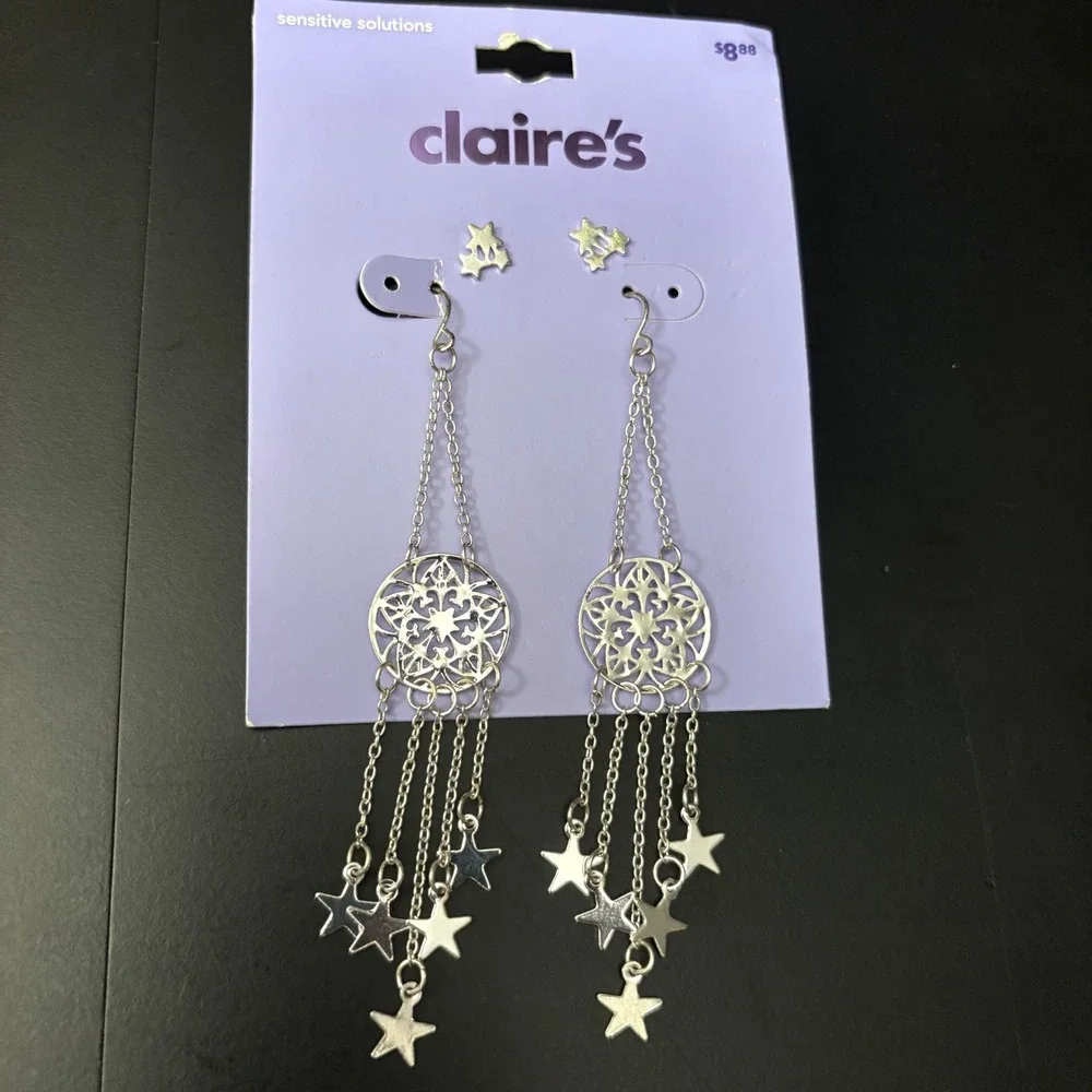 NWT Claire's Dangle Earrings Star Dreamcatcher Silver Tone; Star Studs